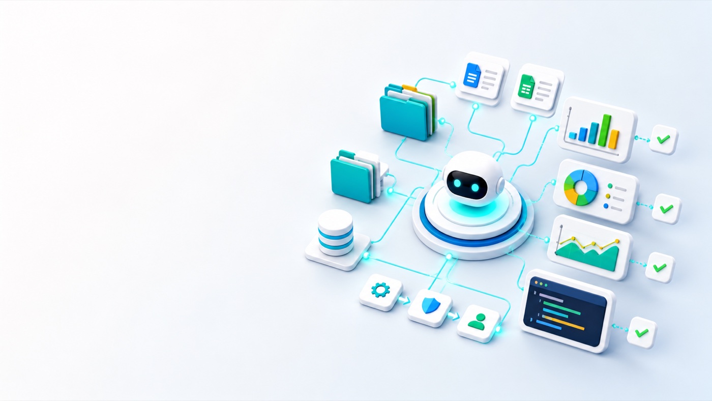 A connected AI workspace bringing folders, documents, dashboards, data, and approvals into one coordinated system